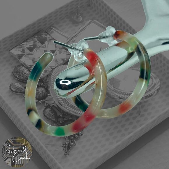 White Multicolor Resin Small Circular Hoop Earrings - Picture 1 of 5